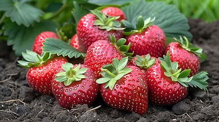 Fresh organic strawberries in garden soil. Ripe organic strawberries amidst rich soil, showcasing sustainable agriculture