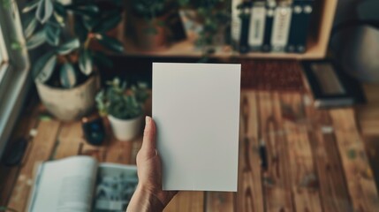 Human hands holding a white blank paper in the office building background. AI generated image