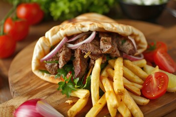 Delicious Homemade Meat Gyro with French Fries, pita bread, onions, tomatoes. Perfect lunch meal and sandwich