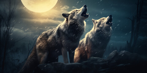  A pair of wolves howling together under a full moon, their haunting melodies and intertwined silhouettes evoking a sense of wild, untamed love. - obrazy, fototapety, plakaty