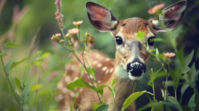 Graceful White-Tailed Deer Eating Plants in Close-Up View in Garden