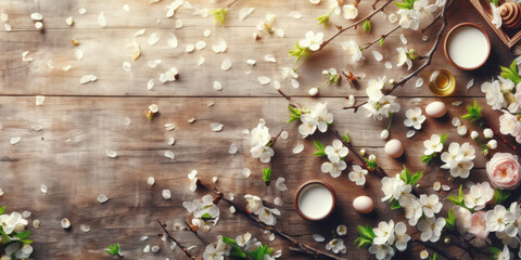 spring nature background with butterfly, fresh blossom on wood background, frame, Springtime, summer banner concept