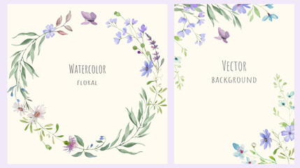Watercolor floral background set. Hand drawn illustration isolated on pastel background. Vector EPS.