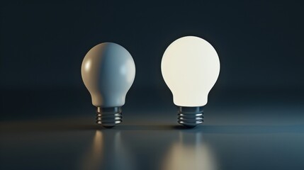 Two light bulbs with one bright bulb and the other not light on blue background. AI generated image