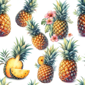 Hawaiian seamless pattern with pineapples water color, tropical palm leaves and flowers. illustration.