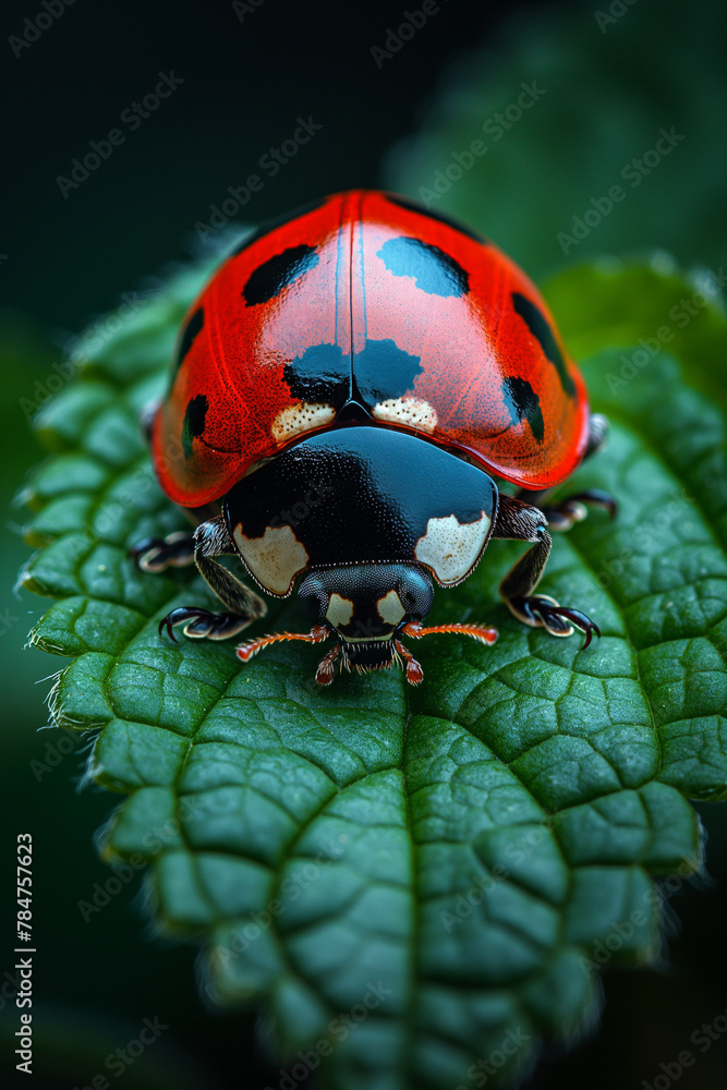 Poster ladybug resting peacefully on a vibrant green leaf in the garden