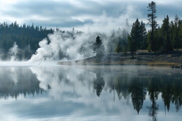 Misty Vapour and Reflections: Steam Over Yellowstone Lake in National Park