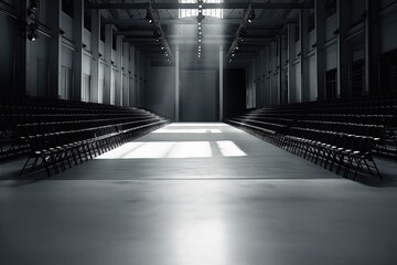 Empty Runway at a Fashion Show Under Spotlight.