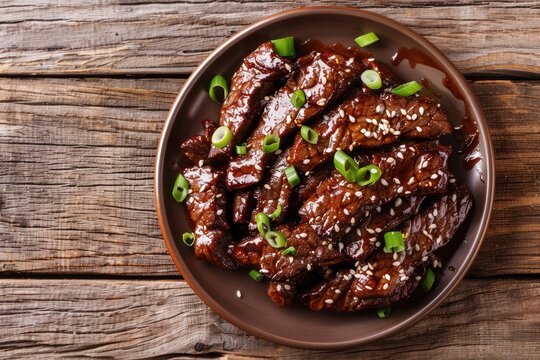 Mouth-watering Beef Teriyaki! Traditional Asian Delight with Japanese Flavors: Delicious Teriyaki Sauce, Succulent Beef, and Garnished with Green Onions and Sesame Seeds