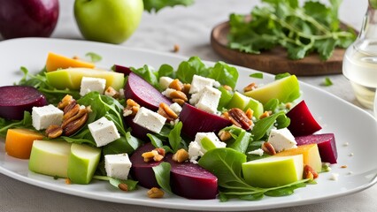 Beetroot salad with apple, walnuts and goat cheese - obrazy, fototapety, plakaty