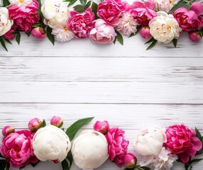 Pink and white peonies arranged in a bouquet on a white table. Copy space. Generative AI
