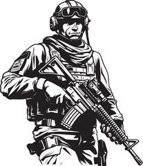 Combat Sentinel Soldier with Assault Rifle Badge Armed Protector Assault Rifle Vector Icon