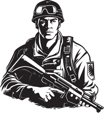 Defenders Arsenal Assault Rifle Iconic Symbol Strategic Sentry Soldier and Rifle Logo Design
