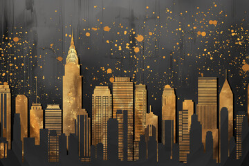 Glimmering Gold Cityscape Silhouette Against Dark Background. Elegant Golden Skyline with Sparkling Lights Art Illustration