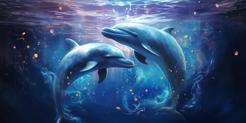 A group of dolphins leaping joyfully in unison, their synchronized jumps creating a mesmerizing display of aquatic grace.  - obrazy, fototapety, plakaty