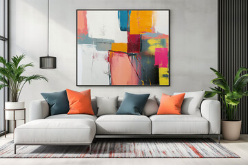 Modern living room with vibrant art. The fresh and stylish setting showcases an abstract painting, perfect for decor inspiration and lifestyle features.