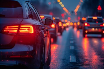 Tail lights illuminate a busy city street as cars line up bumper to bumper on a wet evening with...