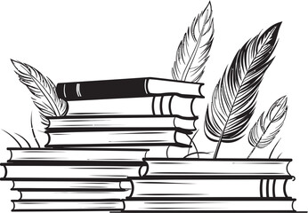 Literary Legend Iconic Book Stack Emblem Quill Craft Symbolic Logo Design