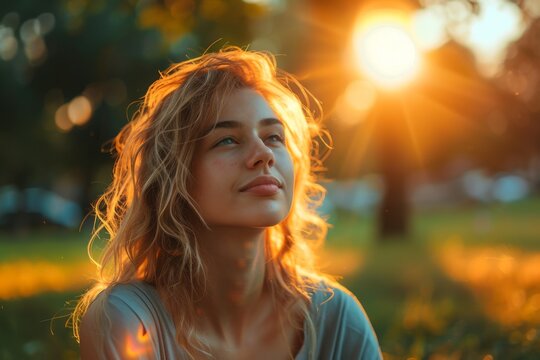 Dreamy photo of a young woman with the sun kissing her face softly