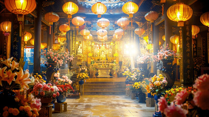 Traditional Buddhist rituals involve monks reading sacred texts in front of the Buddha statue