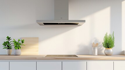 Silver cooker hood in minimal white kitchen interior with plant on wooden countertop