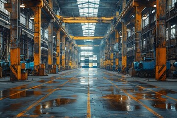 An image of an empty industrial factory hall with high ceilings and machinery, evoking a sense of abandonment and the past era of manufacturing