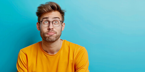 The guy is sitting at the laptop and thinking about something isolated on blue background - obrazy, fototapety, plakaty