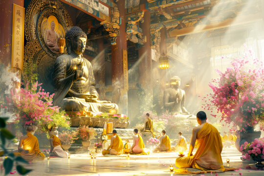 Enlightening scene depicting traditional Buddhist rituals, including meditation, reading sacred texts, and lighting lamps in front of Buddha statues