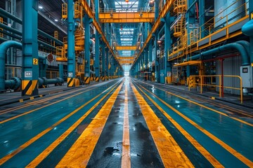 This photograph captures a lively industrial facility with vibrant yellow stripes, indicative of the energy and systematic order within - obrazy, fototapety, plakaty