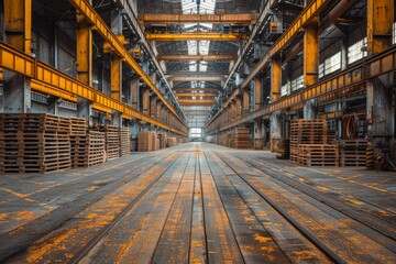 Vast interior shot of an empty industrial warehouse with parallel yellow beams and wooden pallet stacks