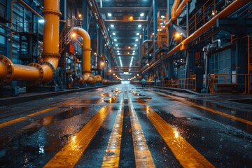 A dramatic nighttime scene captures wet floors and pipes in an industrial plant with vivid lighting