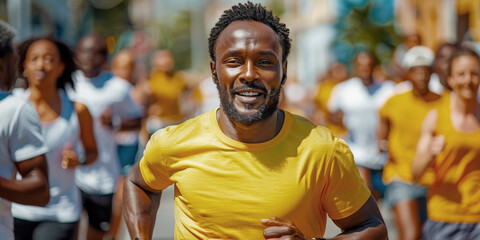 Fototapeta na wymiar Spirited shot of an African American man passionately running through the streets on a bright summer morning, 