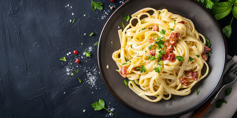 A black plate with spaghetti aglio e olio and bacon on a table. Copy space. Generative AI