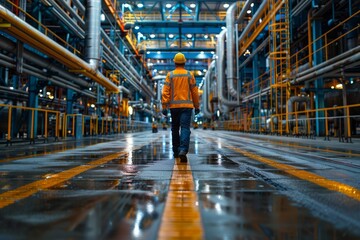 An employee in safety gear walks down the aisle of a brightly lit, colorful industrial factory with many pipes and structures