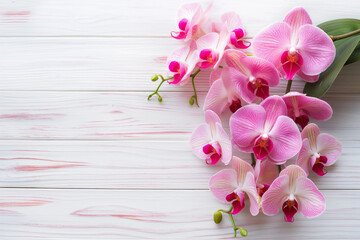 Pink orchids on a white wooden table by the window. Copy space. Generative AI
