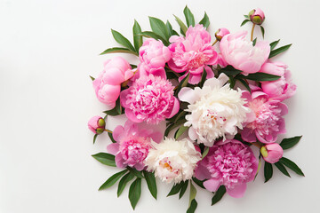Obraz na płótnie Canvas Pink and white peonies bouquet on white background, with green leaves. Generative AI