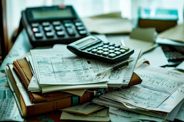 Closeup shot of a calculator and documents on a table in an office
