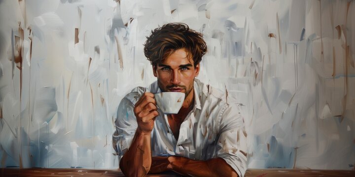 Handsome man with cup of coffee. Oil painting generated using artificial intelligence.  Good for interior decoration.