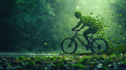 World bicycle day concept International holiday june 3, Green bicycle and man silhouette made up of leaves. Environment preserve. blur nature background, banner, card, poster with text space