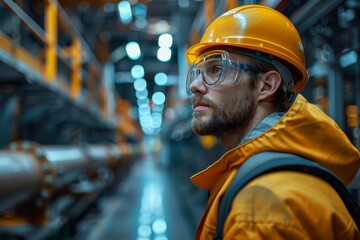A focused worker in yellow hardhat oversees operations within an industrial manufacturing setting