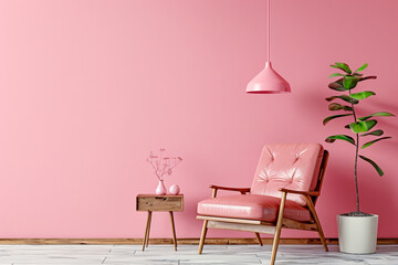 Modern interior design of pastel pink room with leather armchair and wooden side table near hanging...