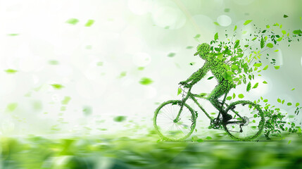 World bicycle day concept International holiday june 3, Green bicycle and man silhouette made up of leaves. Environment preserve. white background, banner, card, poster with text space - obrazy, fototapety, plakaty