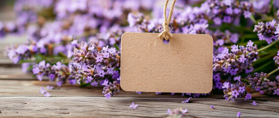 Photo of a blank tag mockup on lavender flowers, with space for text and product display in the...