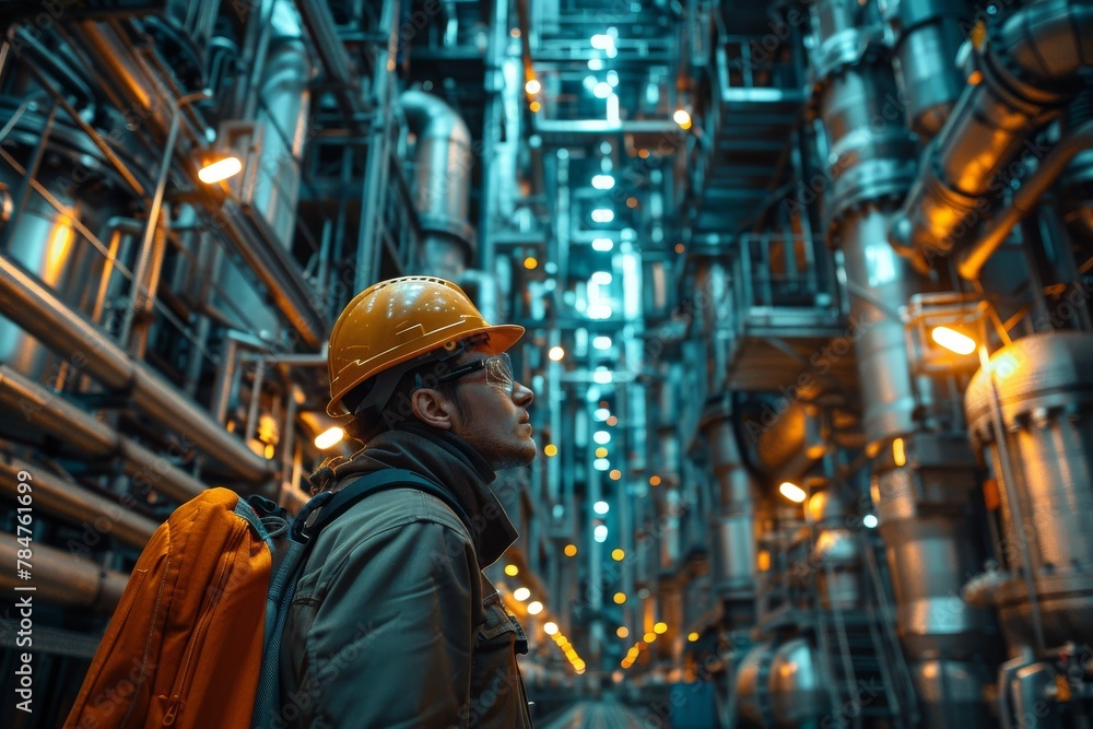Poster an unrecognizable worker carrying a backpack stands in a complex industrial setting with illuminated