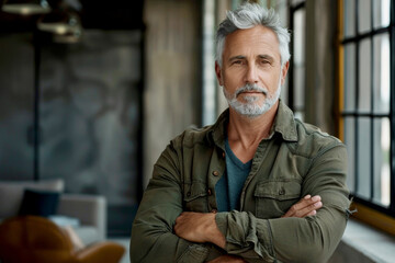 Fototapeta premium portrait of confident businessman standing with arms crossed in modern office, casual business suit and gray hair on the head