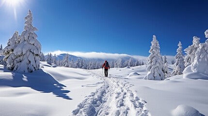 Snowshoe walker running in powder snow - obrazy, fototapety, plakaty