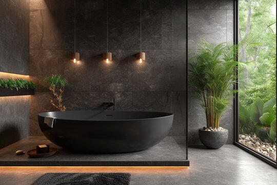 Bathroom interior design with matte black bath and modern shower.