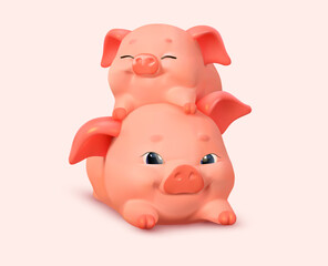 Piglets. Cheerful, cute, little pigs lie together. 3d rendering style. Vector illustration