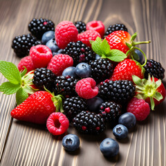 Fototapeta premium Assortment of mixed berries on a wooden table.