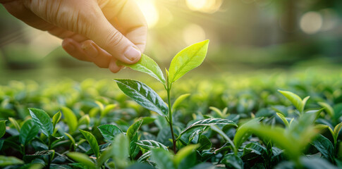 Hand picking tea leaves in the morning sunlight at green farm